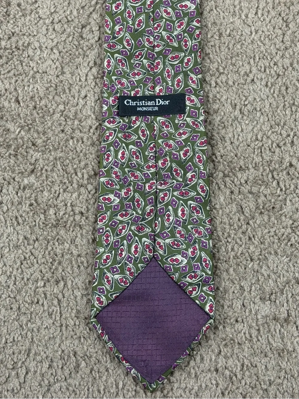 Dior Olive Green Silk Tie with Pink Paisley Motif